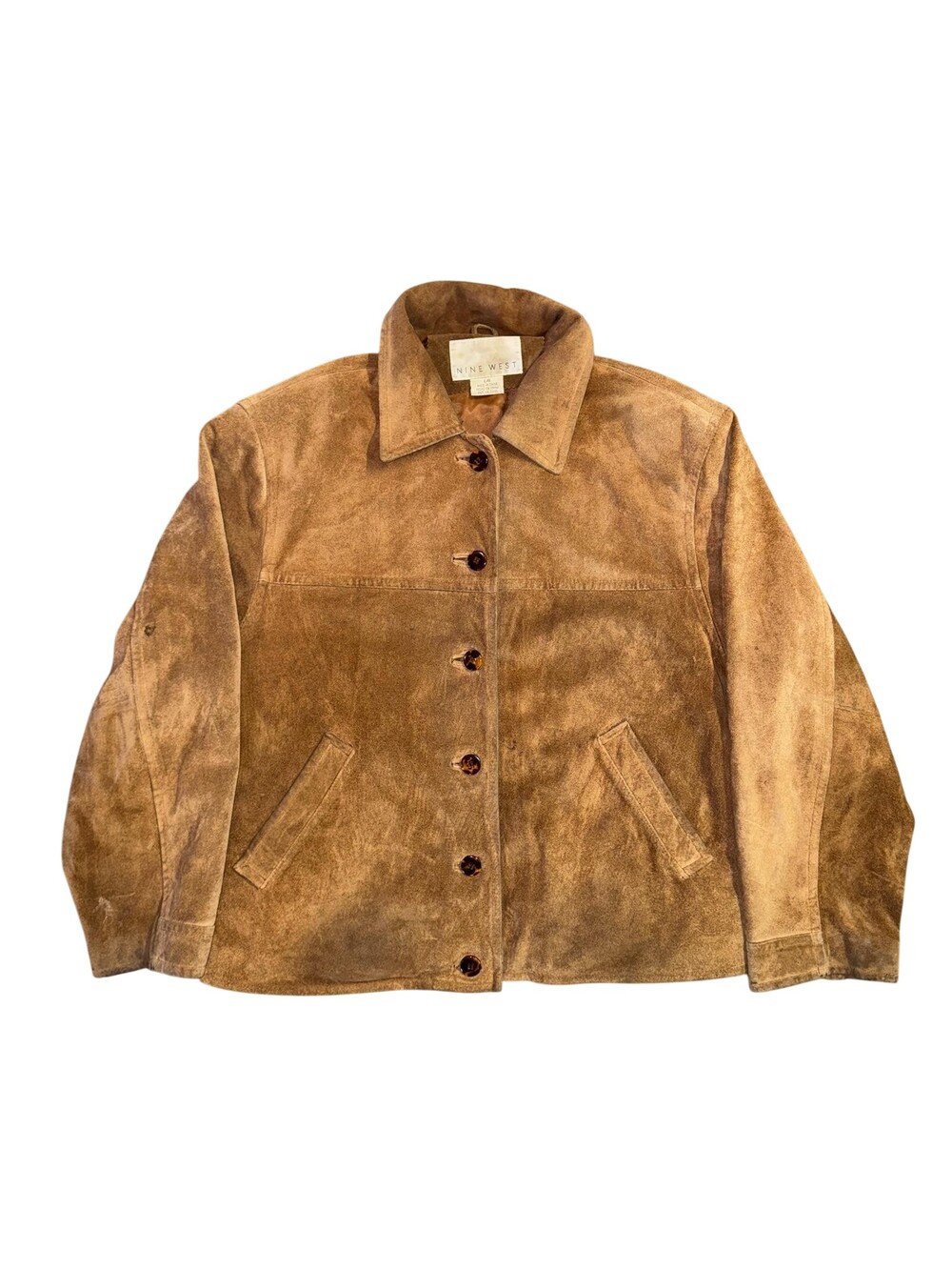 Nine West Suede Leather Jacket Womens Large Brown Button Front Lined Buckle Tabs